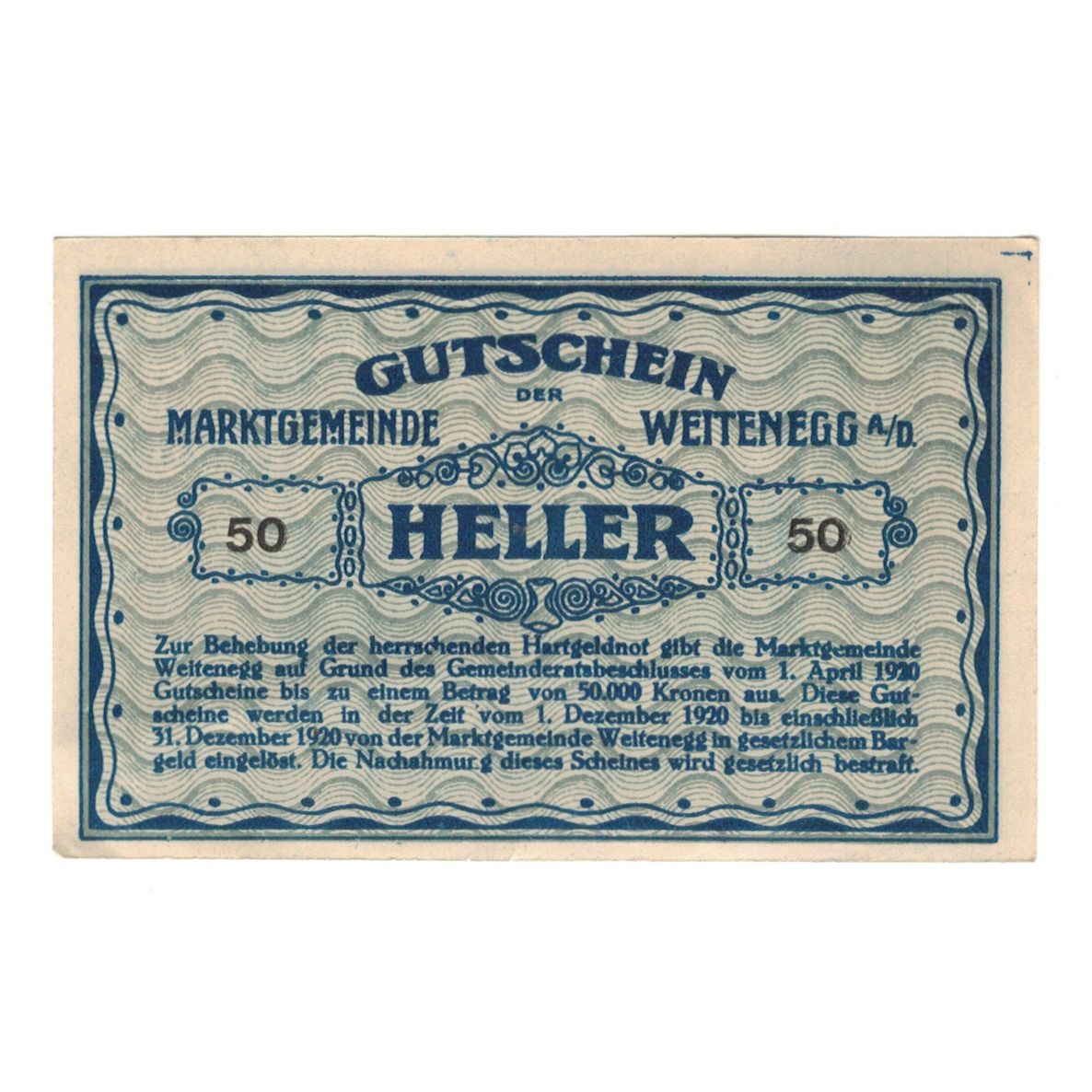 Banknote, Austria, Weitenegg N.Ö. Marktgemeinde, 50 Heller, Texte, 1920