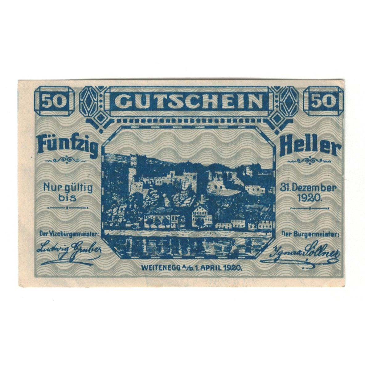 Billete, Austria, Weitenegg N.Ö. Marktgemeinde, 50 Heller, texte 1, 1920