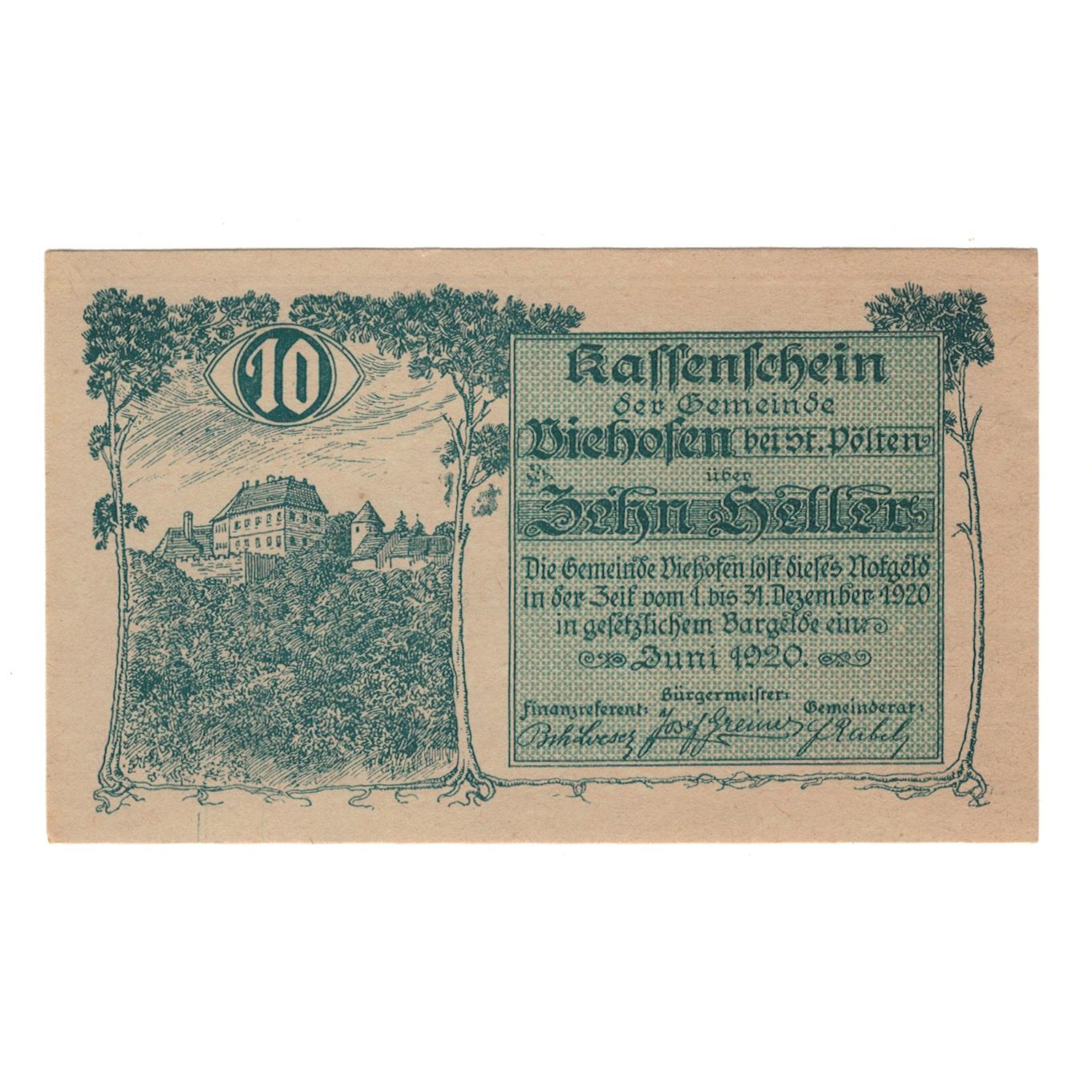 Billete, Austria, Viehhofen bei St. Pölten N.Ö. Gemeinde, 10 Heller, N.D