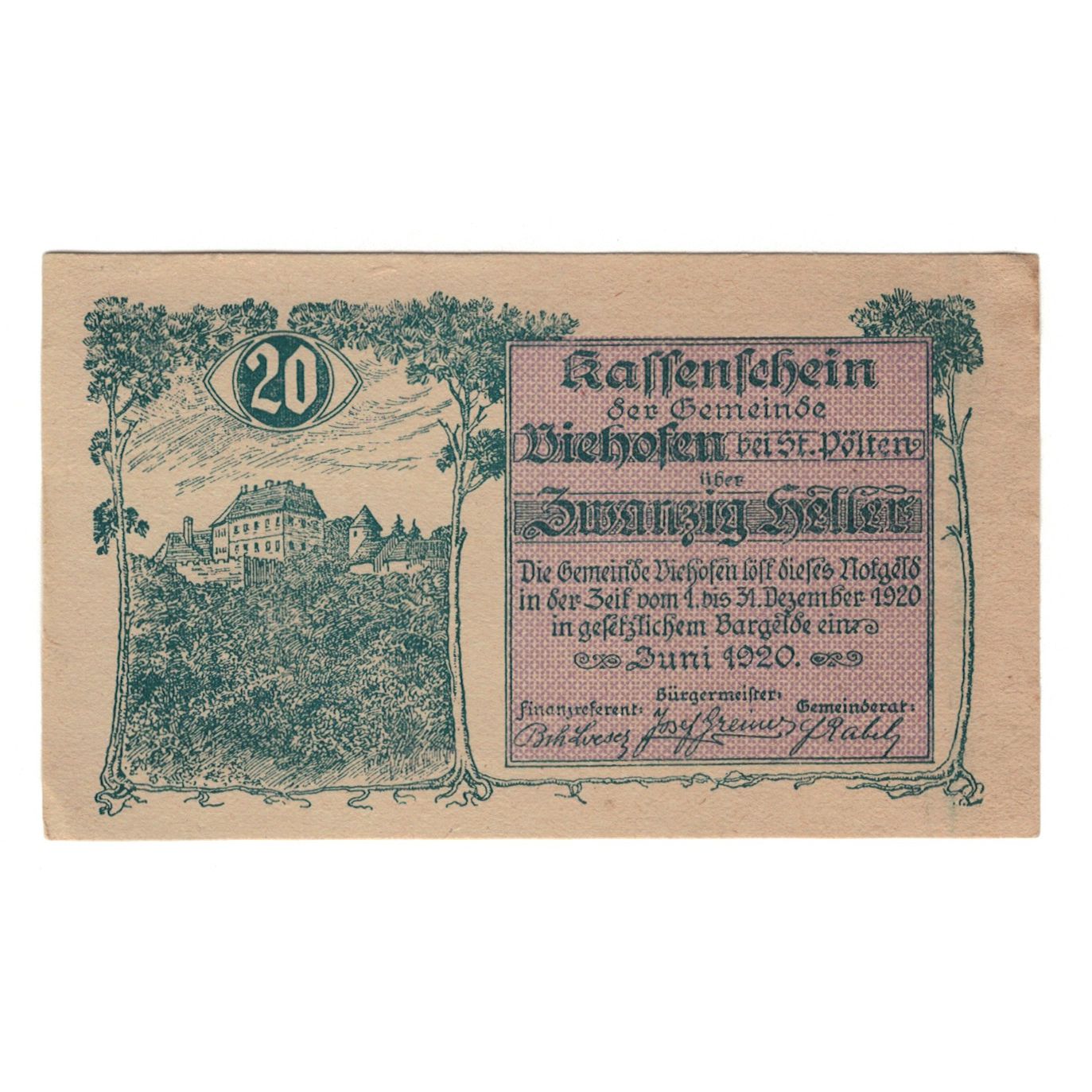 Billete, Austria, Viehhofen bei St. Pölten N.Ö. Gemeinde, 20 Heller, N.D