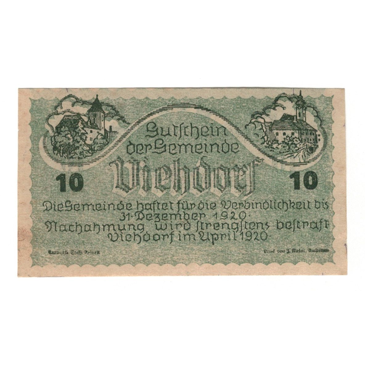 Billete, Austria, Viehdorf N.Ö. Gemeinde, 10 Heller, Vaches 1, 1920