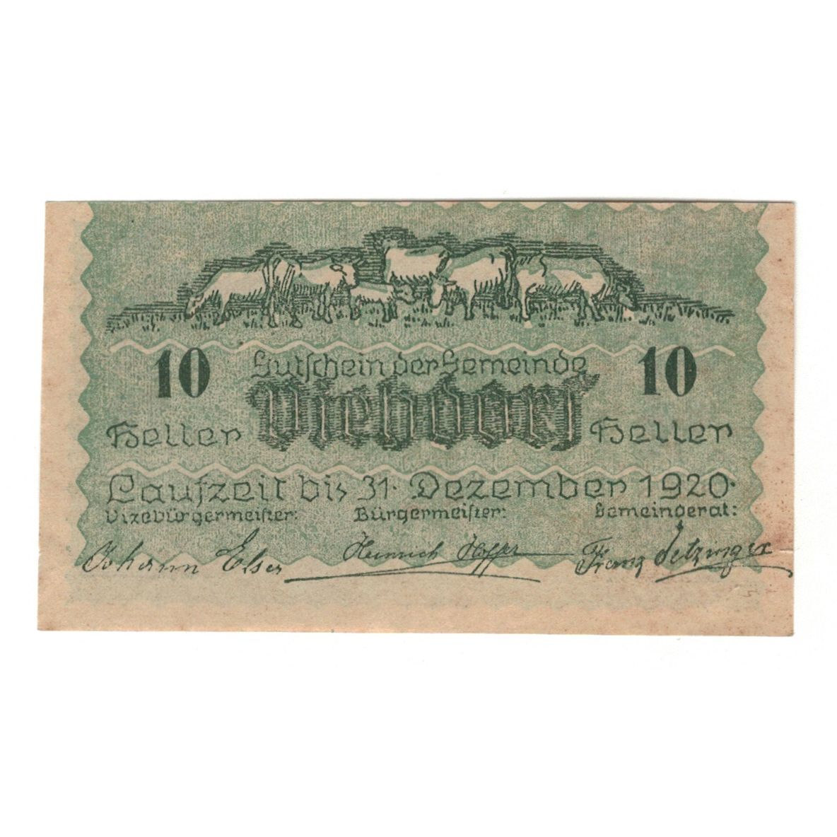 Billete, Austria, Viehdorf N.Ö. Gemeinde, 10 Heller, Vaches 1, 1920