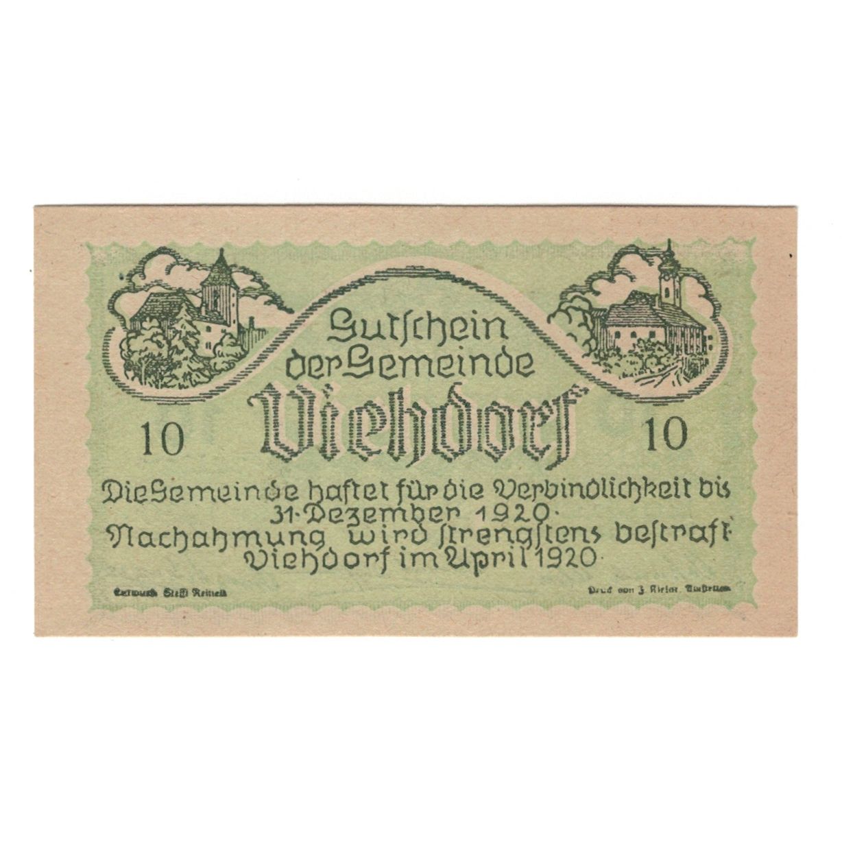 Billete, Austria, Viehdorf N.Ö. Gemeinde, 10 Heller, Vaches 3, 1920