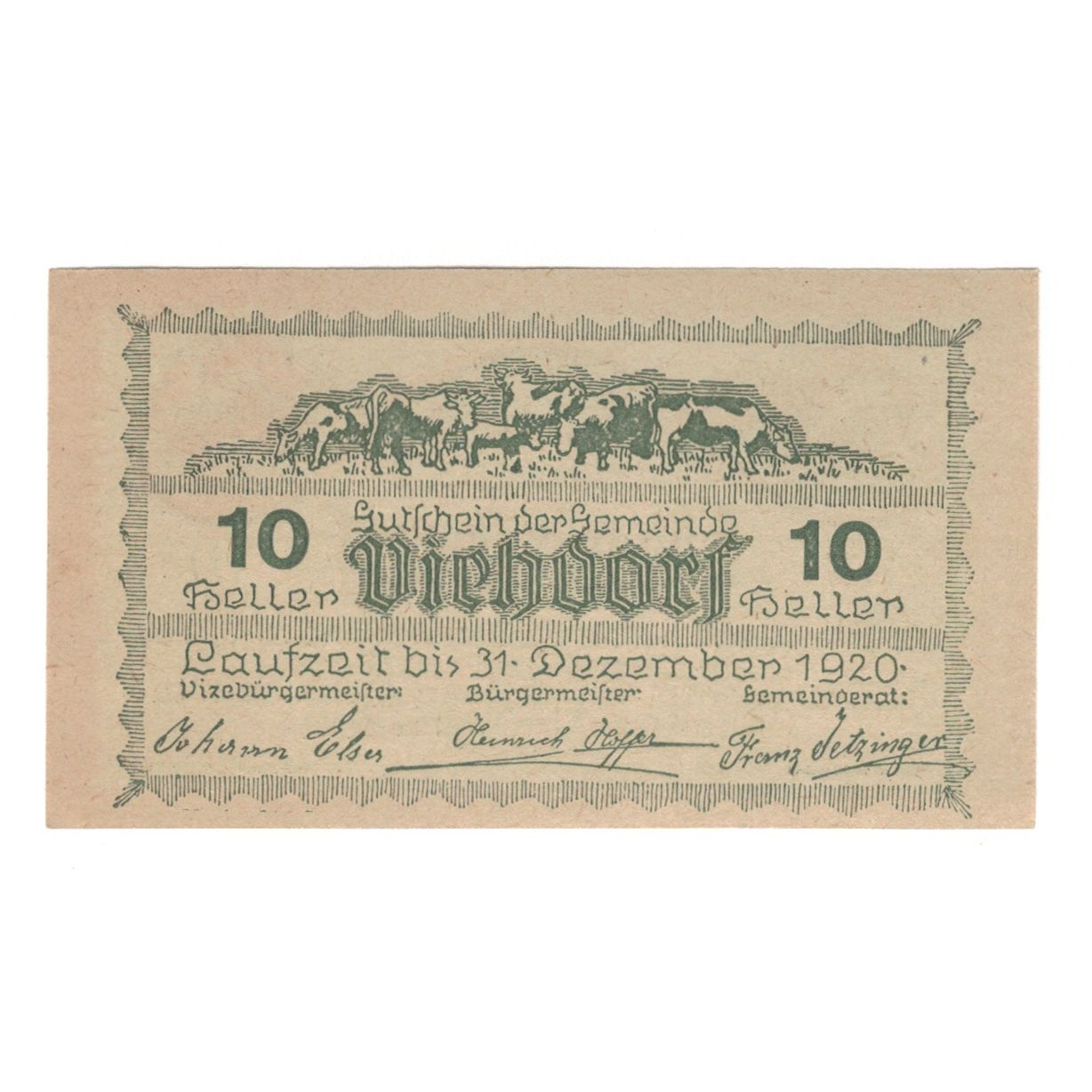 Billete, Austria, Viehdorf N.Ö. Gemeinde, 10 Heller, Vaches 3, 1920
