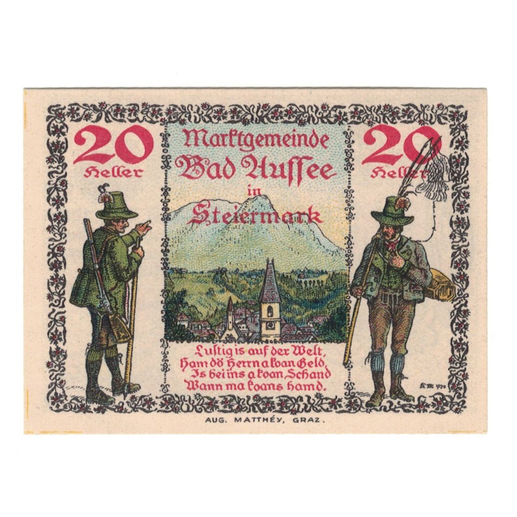 Billete, Austria, Bad Aussee Stm. Marktgemeinde, 20 Heller, Poisson 1, 1920