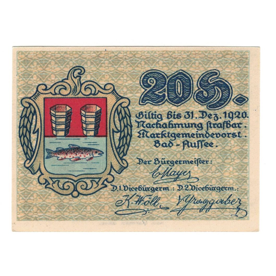 Billete, Austria, Bad Aussee Stm. Marktgemeinde, 20 Heller, Poisson 1, 1920