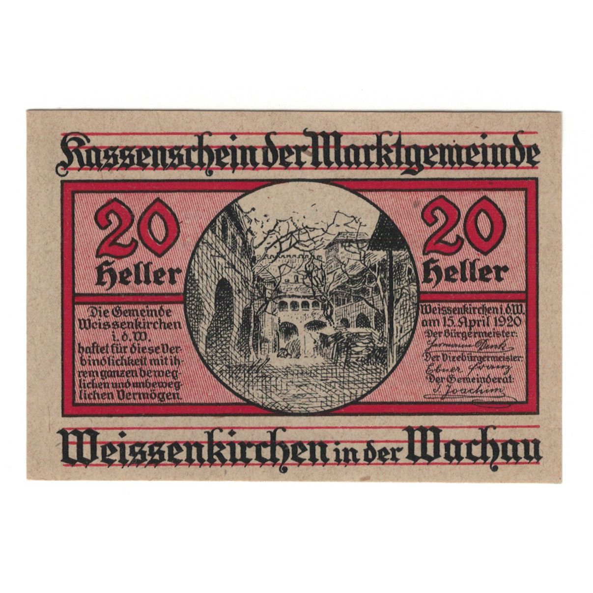 Billete, Austria, Weissenkirchen in der Wachau N.Ö. Marktgemeinde, 20 Heller