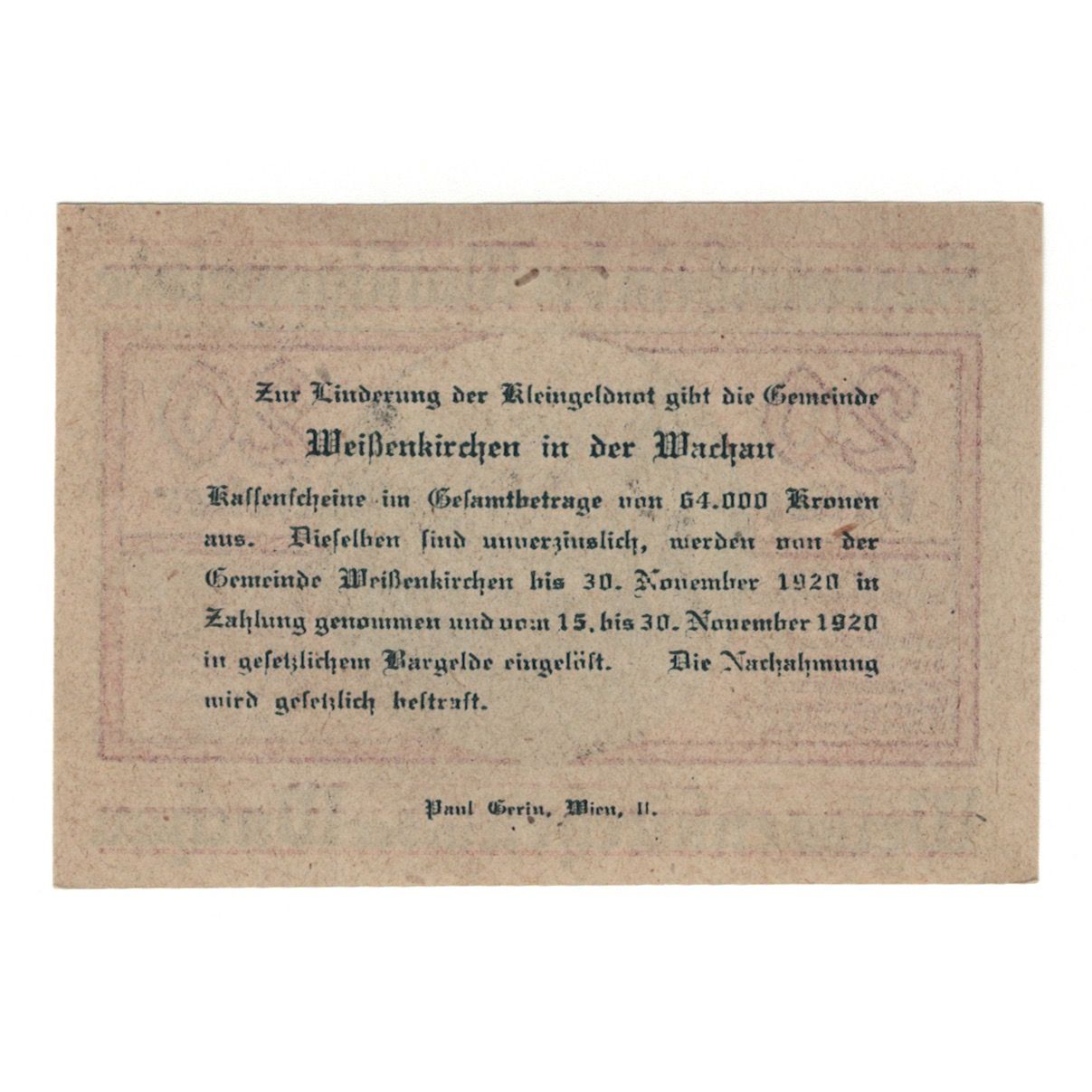 Billete, Austria, Weissenkirchen in der Wachau N.Ö. Marktgemeinde, 20 Heller