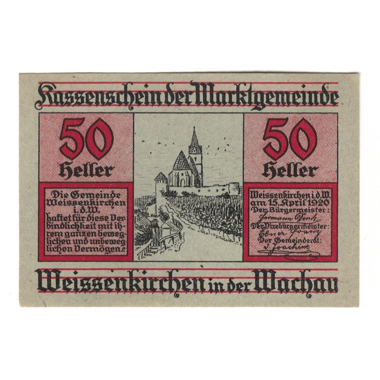 Billete, Austria, Weissenkirchen in der Wachau N.Ö. Marktgemeinde, 50 Heller
