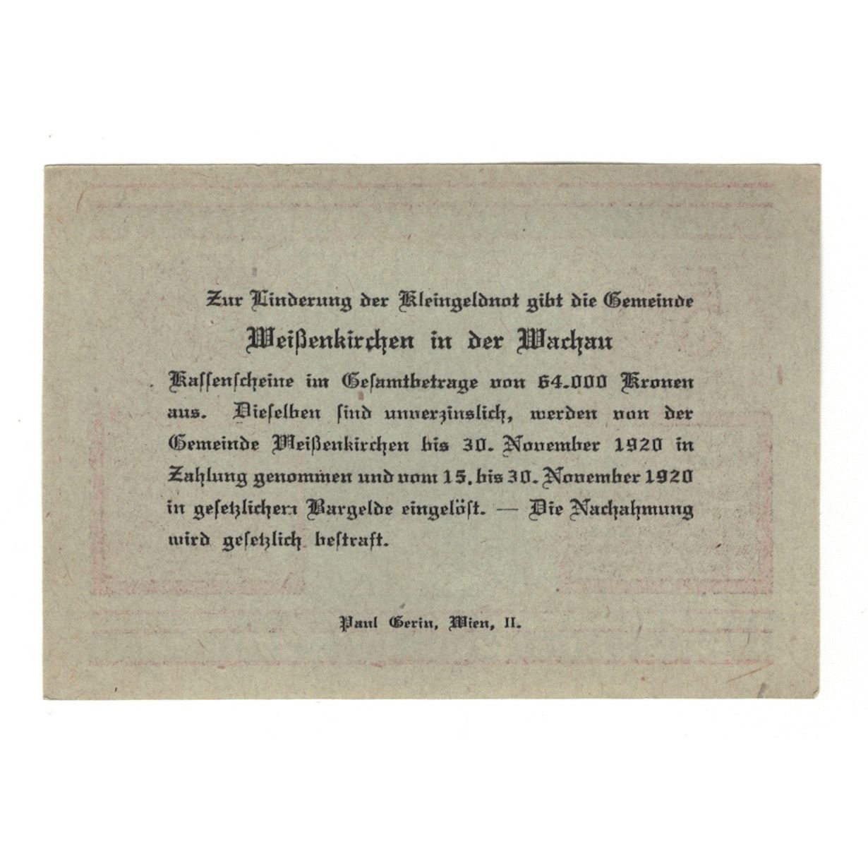 Billete, Austria, Weissenkirchen in der Wachau N.Ö. Marktgemeinde, 50 Heller