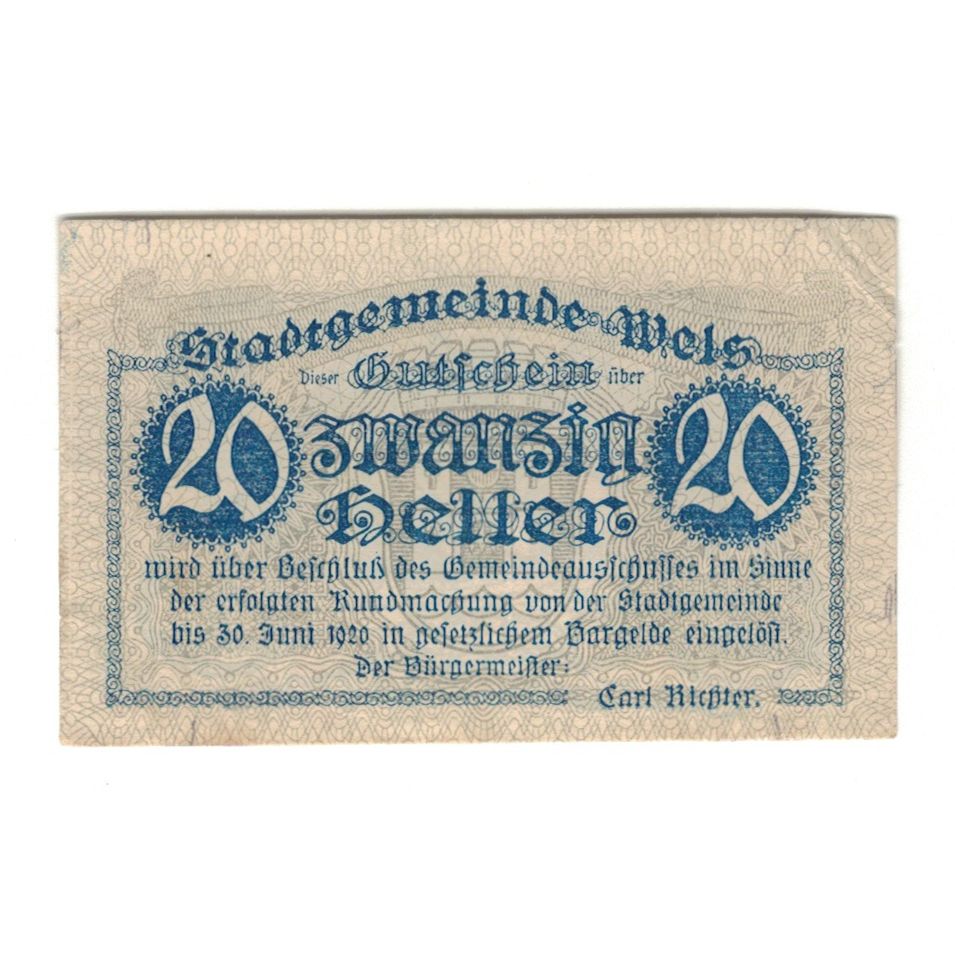 Billete, Austria, Wels O.Ö. Stadtgemeinde, 20 Heller, Batiment, 1920