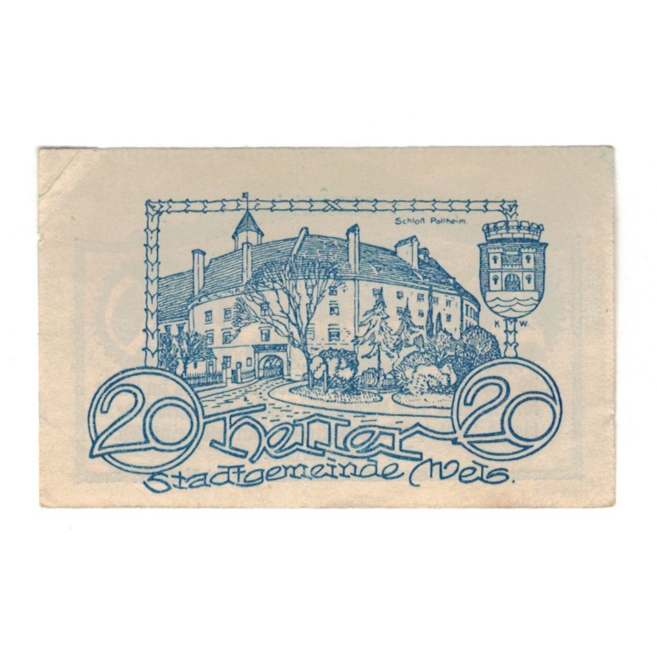 Billete, Austria, Wels O.Ö. Stadtgemeinde, 20 Heller, Batiment, 1920