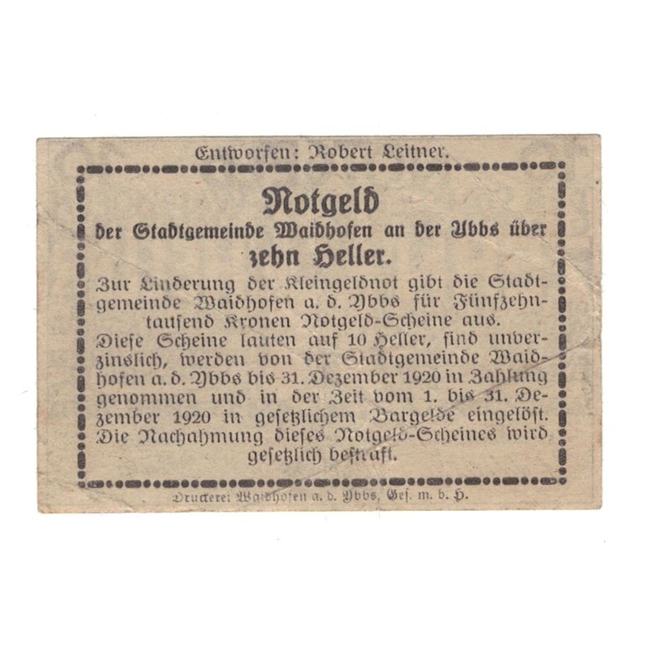 Billete, Austria, Waidhofen An Der Ybbs N.Ö. Landgemeinde, 10 Heller, Texte