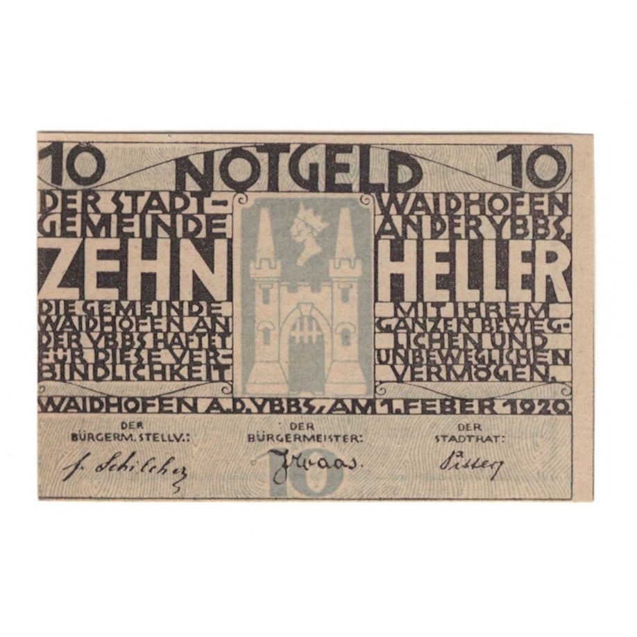 Billete, Austria, Waidhofen An Der Ybbs N.Ö. Landgemeinde, 10 Heller, texte 1