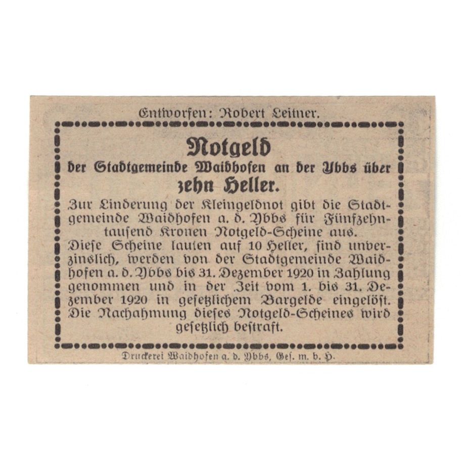 Billete, Austria, Waidhofen An Der Ybbs N.Ö. Landgemeinde, 10 Heller, texte 1