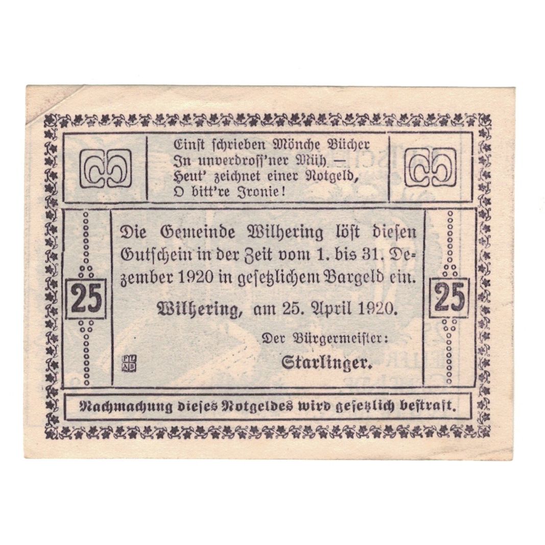 Billete, Austria, Wilhering O.Ö. Gemeinde, 25 Heller, Texte, 1920, 1920-12-31