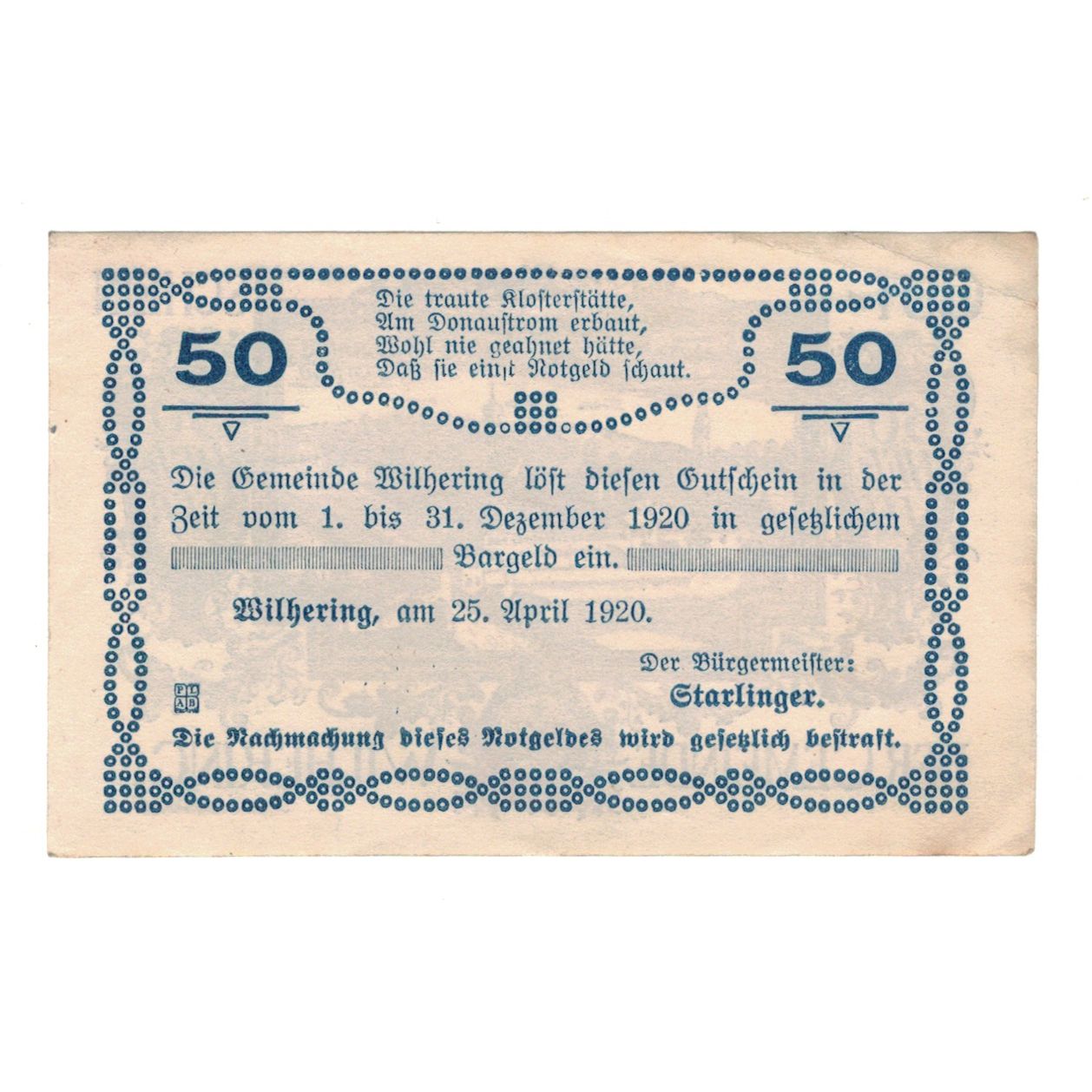 Billete, Austria, Wilhering O.Ö. Gemeinde, 50 Heller, Texte, 1920, 1920-12-31