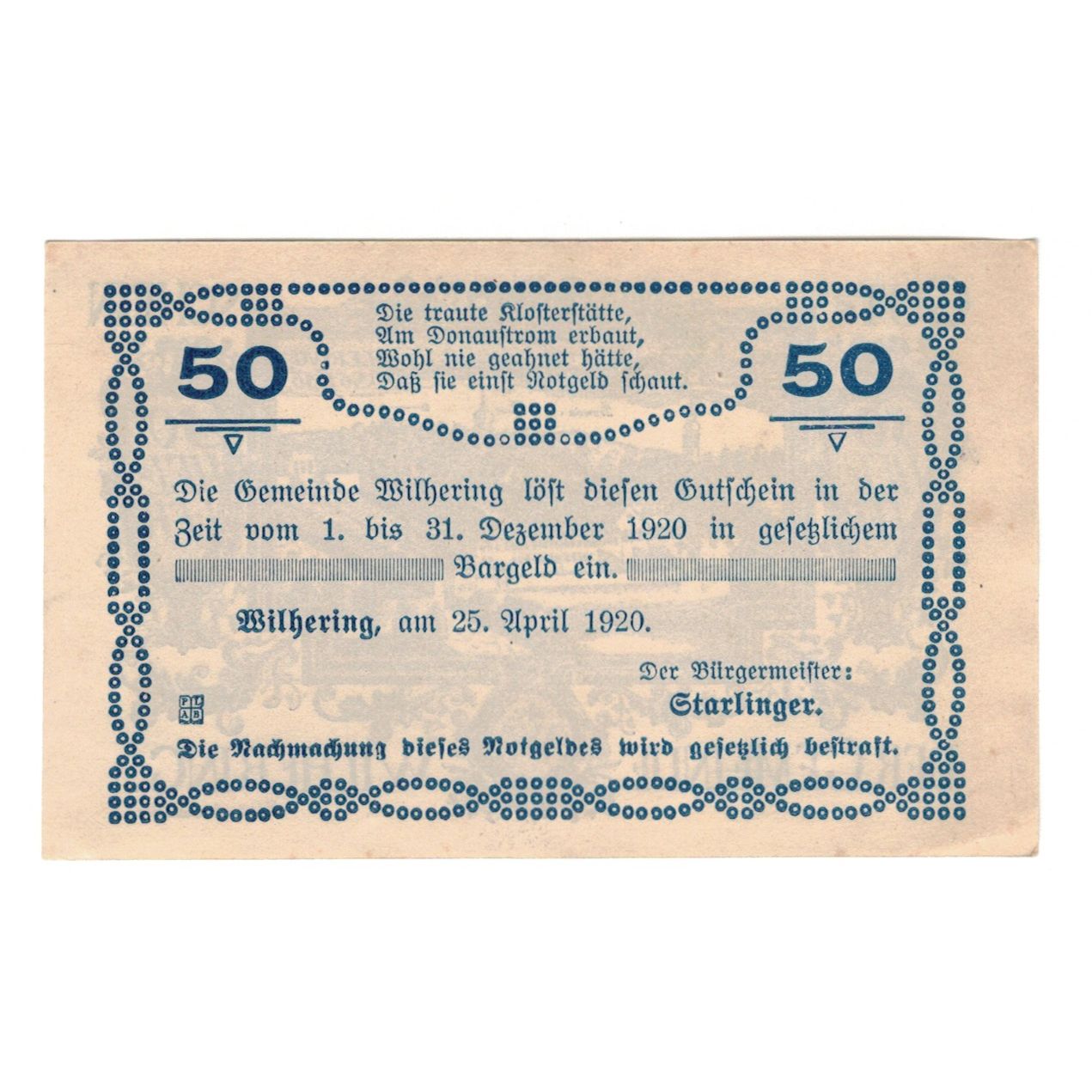 Billete, Austria, Wilhering O.Ö. Gemeinde, 50 Heller, texte 1, 1920