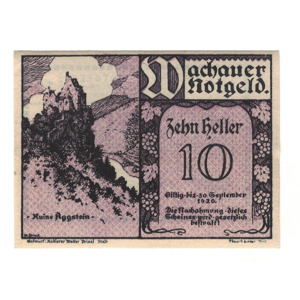 Billete, Austria, Wachauer Notgeld-Aggstein N.Ö. Gemeinde, 10 Heller, texte 1
