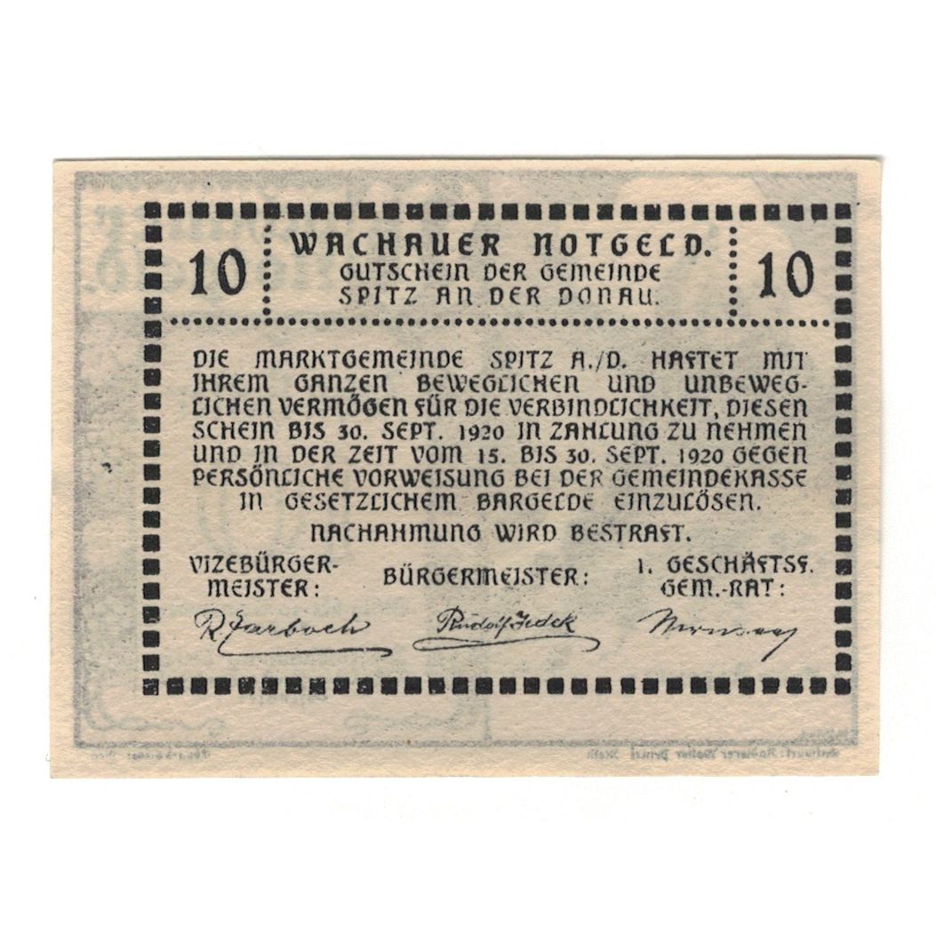 Billete, Austria, Wachauer Notgeld-Aggstein N.Ö. Gemeinde, 10 Heller, texte 1