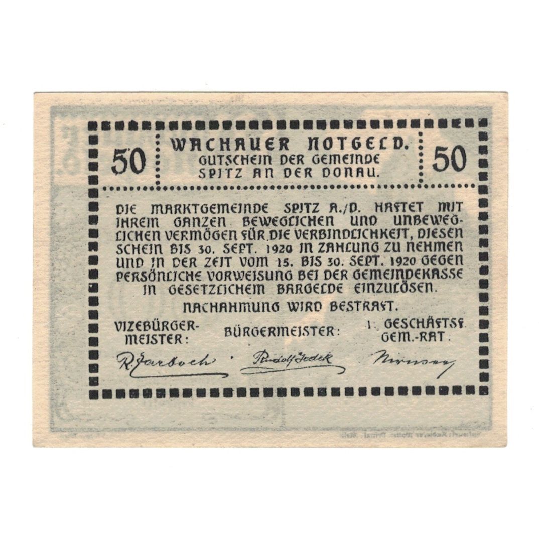 Billete, Austria, Wachauer Notgeld-Aggstein N.Ö. Gemeinde, 50 Heller, texte 1