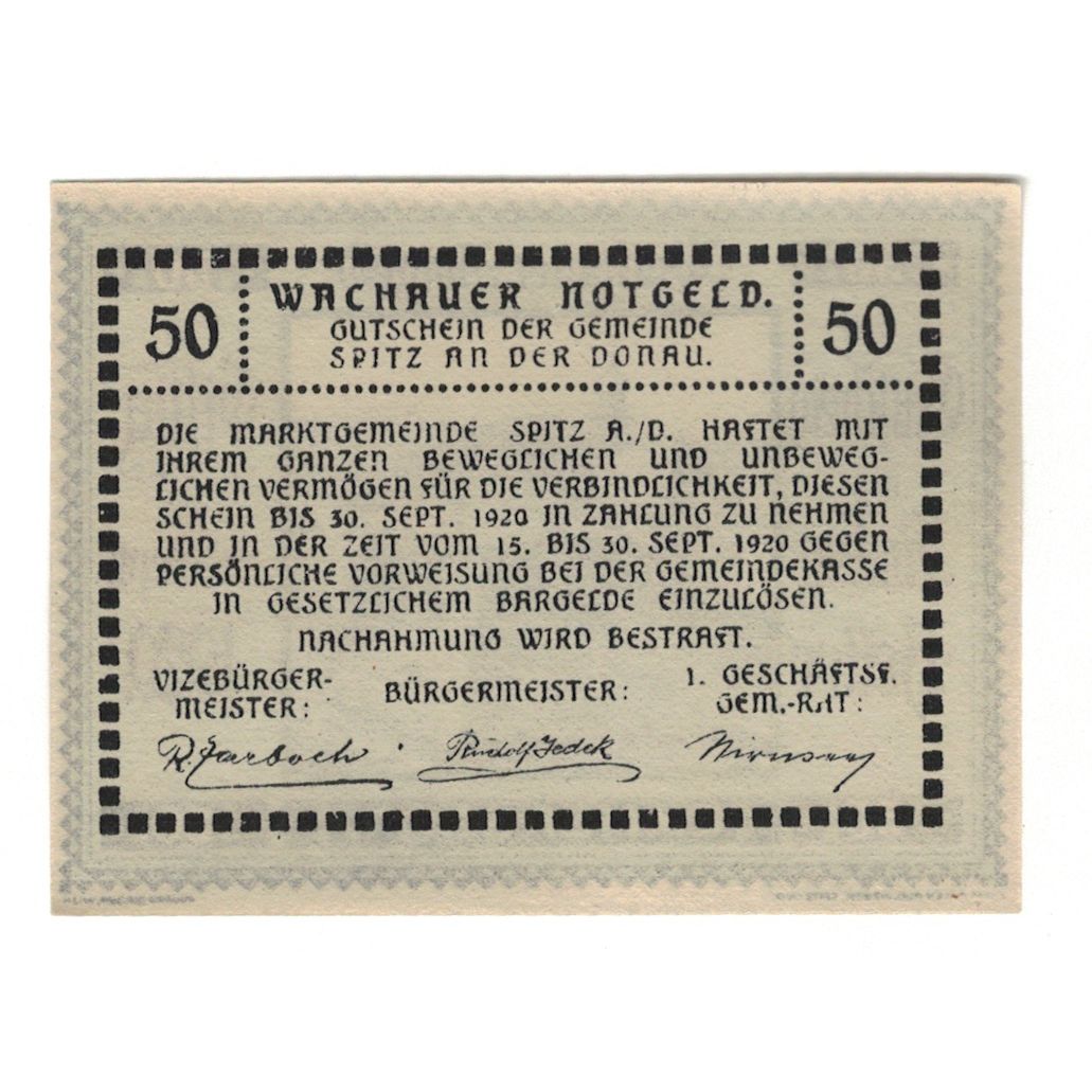 Billete, Austria, Wachauer Notgeld Emmersdorf N.Ö. Gemeinde, 50 Heller, Texte