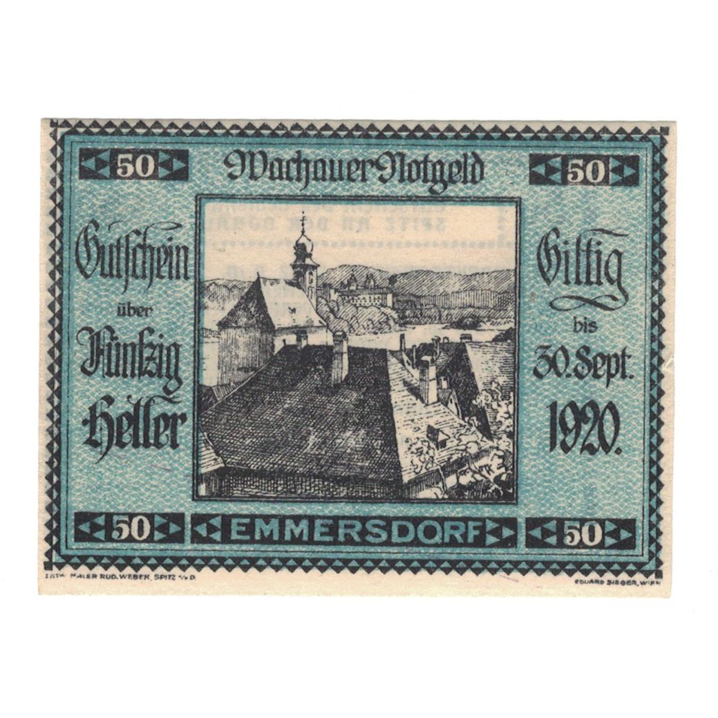 Billete, Austria, Wachauer Notgeld Emmersdorf N.Ö. Gemeinde, 50 Heller, texte