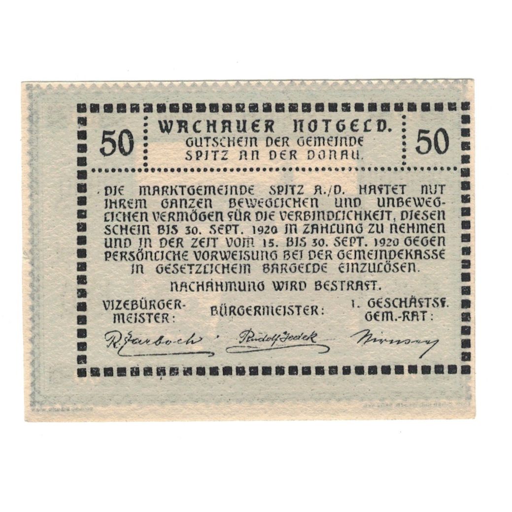 Billete, Austria, Wachauer Notgeld Emmersdorf N.Ö. Gemeinde, 50 Heller, texte