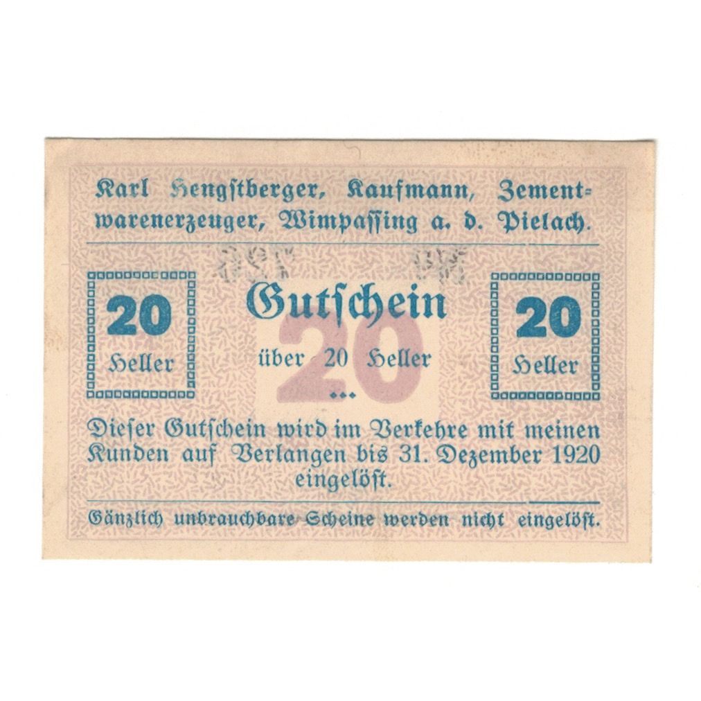 Billete, Austria, Wimpassing An Der Pielach, PRV, Karl Hengstberger, 20 Heller