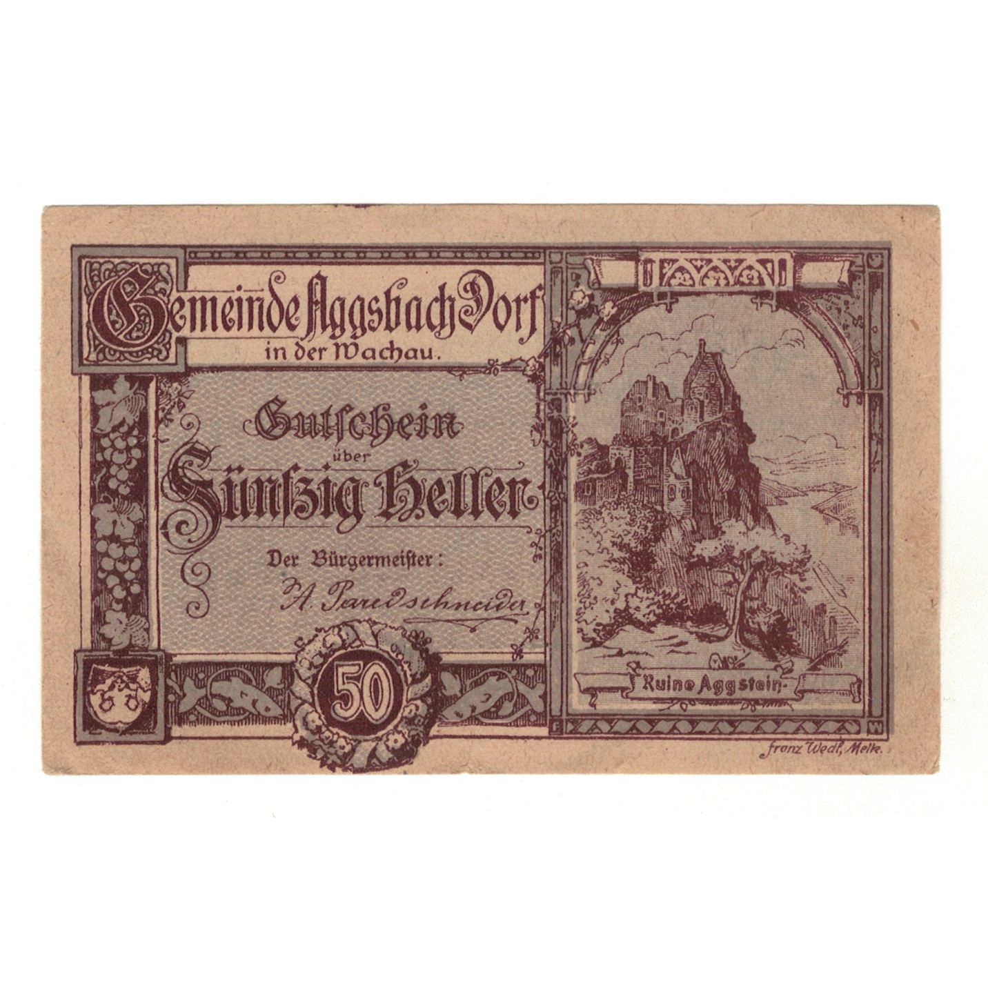 Billete, Austria, Aggsbach Dorf N.Ö. Gemeinde, 50 Heller, valeur faciale, 1920