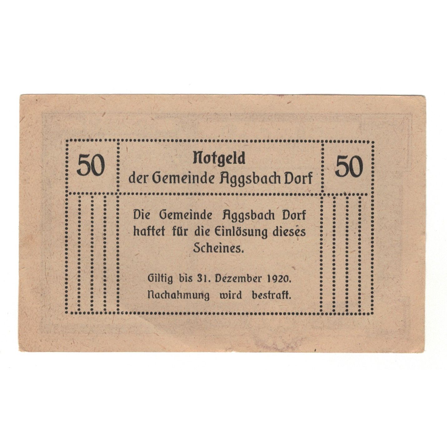 Billete, Austria, Aggsbach Dorf N.Ö. Gemeinde, 50 Heller, valeur faciale, 1920