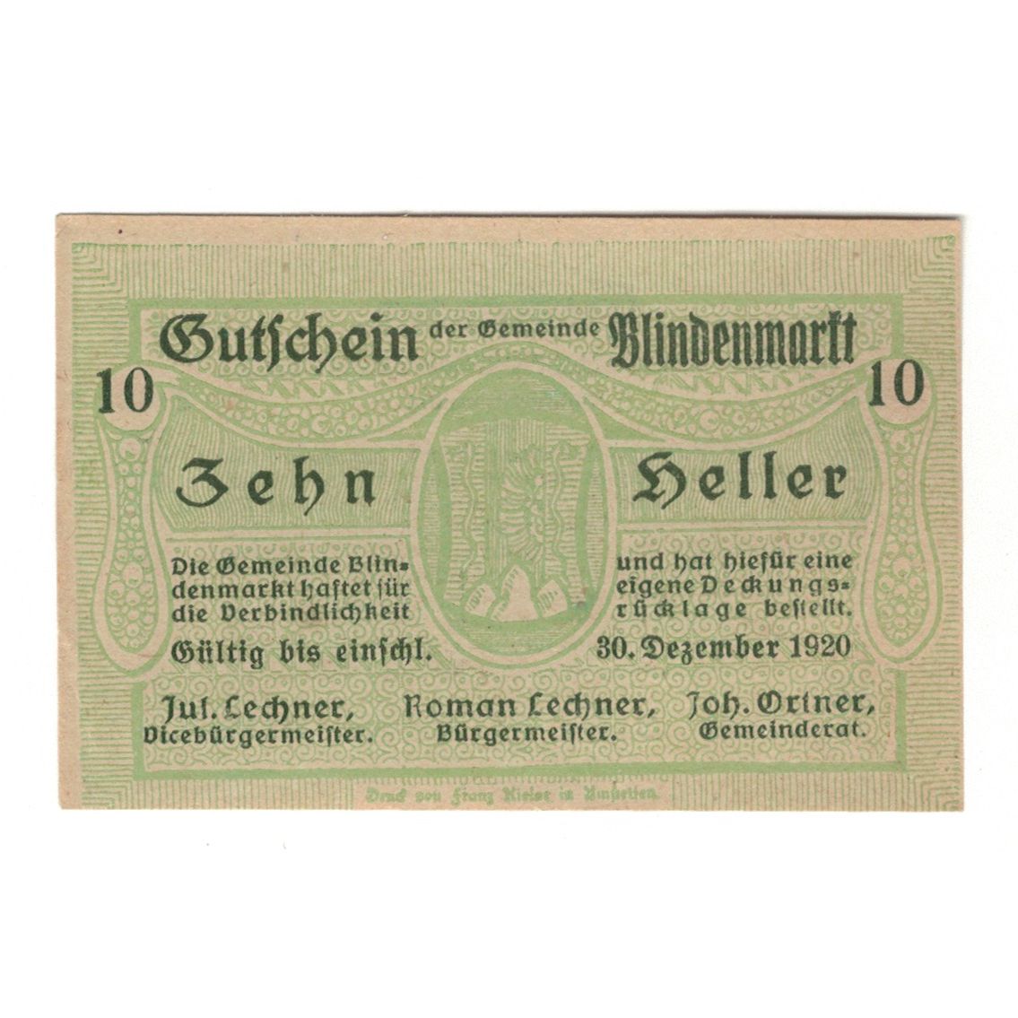 Billete, Austria, Blindenmarkt N.Ö. Gemeinde, 10 Heller, texte 1, 1920
