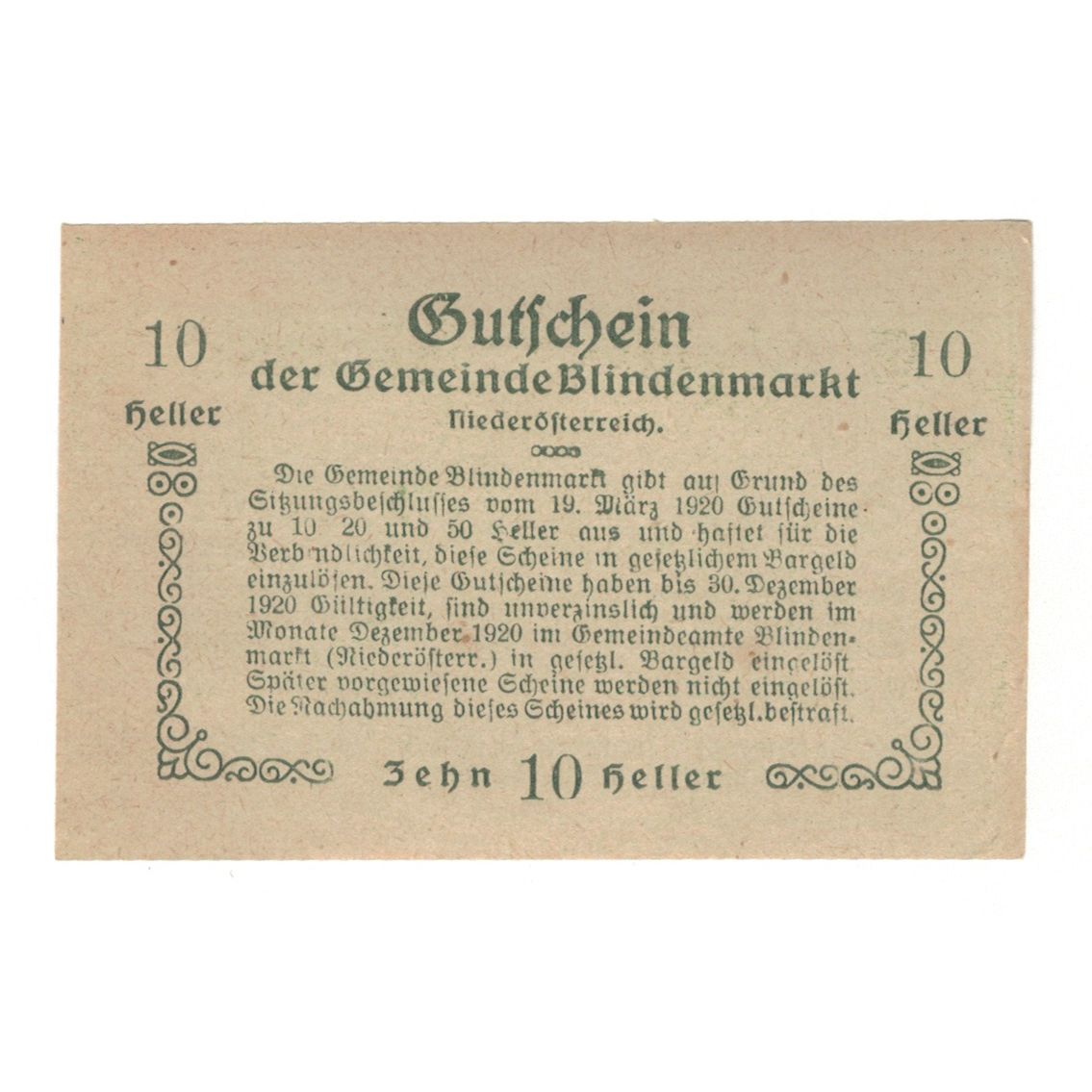 Billete, Austria, Blindenmarkt N.Ö. Gemeinde, 10 Heller, texte 1, 1920
