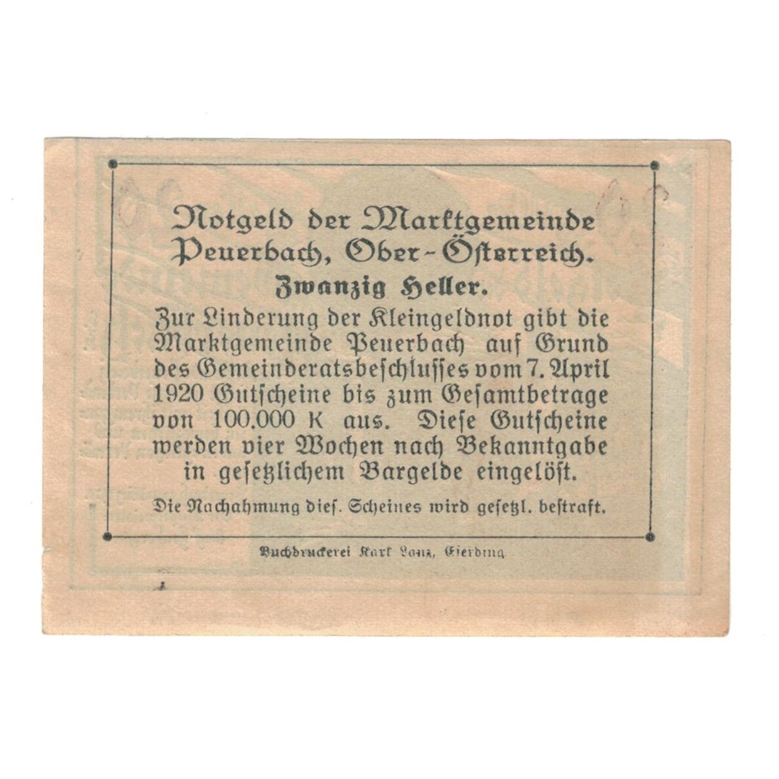 [#323912] Banknote, Austria, Peuerbach O.Ö. Marktgemeinde, 20 Heller, Texte, 192