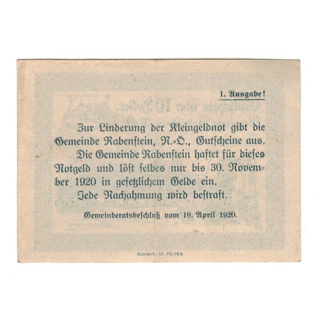 Billete, Austria, Rabenstein N.Ö. Gemeinde, 10 Heller, texte 1, 1920