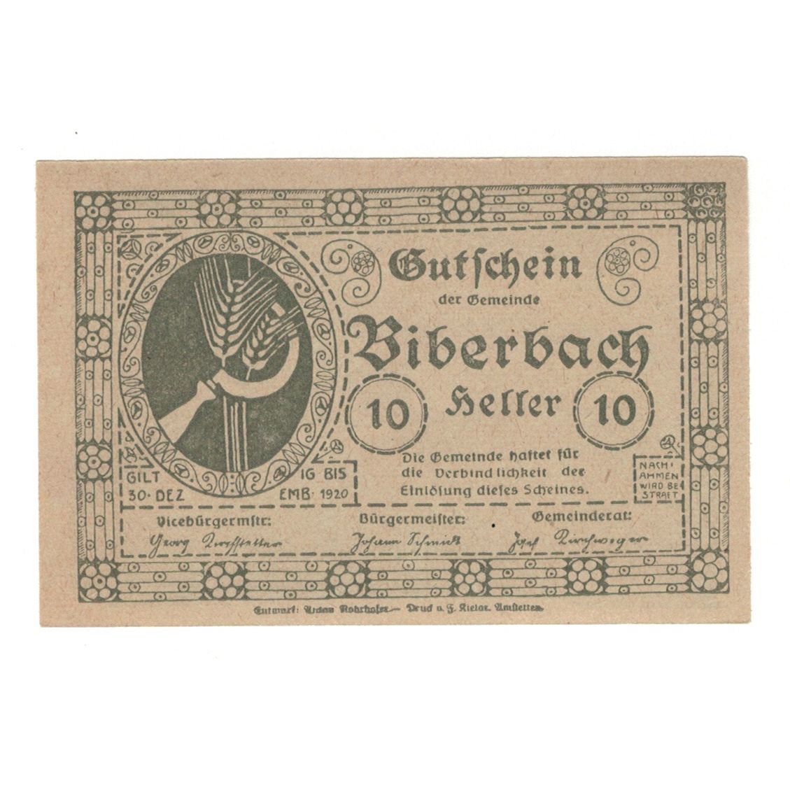 Billete, Austria, Biberbach N.Ö. Gemeinde, 10 Heller, paysage, 1920