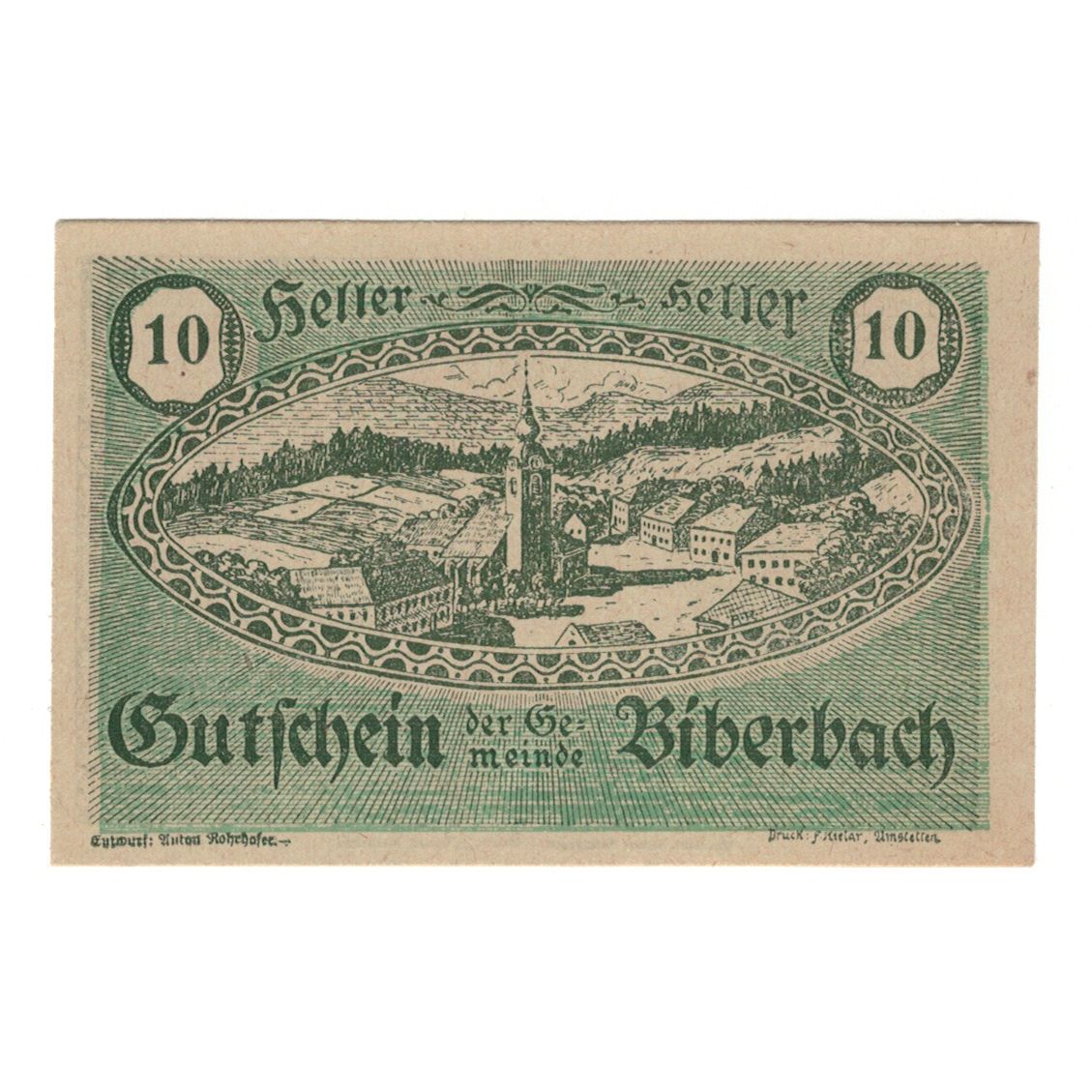 Billete, Austria, Biberbach N.Ö. Gemeinde, 10 Heller, paysage, 1920