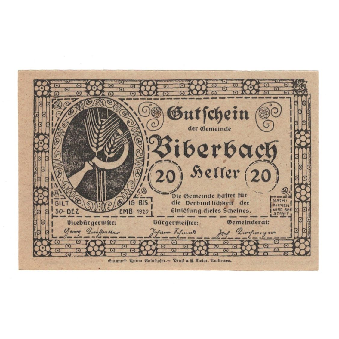 Billete, Austria, Biberbach N.Ö. Gemeinde, 20 Heller, paysage, 1920