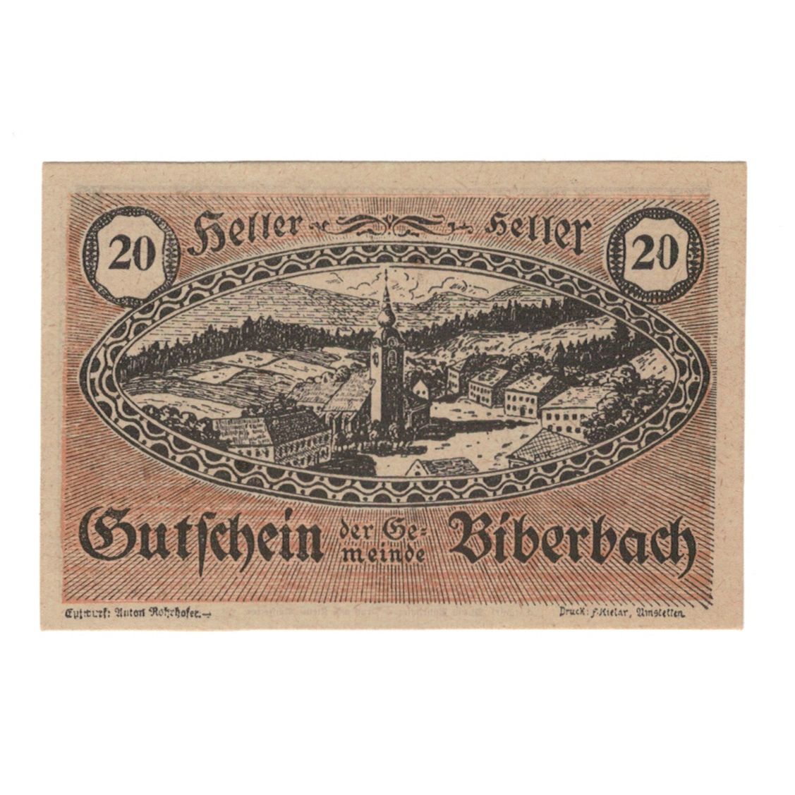 Billete, Austria, Biberbach N.Ö. Gemeinde, 20 Heller, paysage, 1920