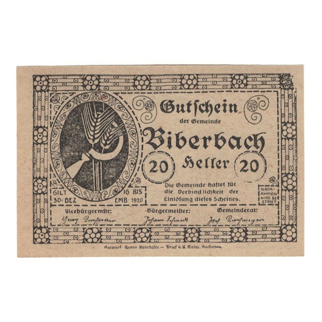 Billete, Austria, Biberbach N.Ö. Gemeinde, 20 Heller, paysage 1, 1920