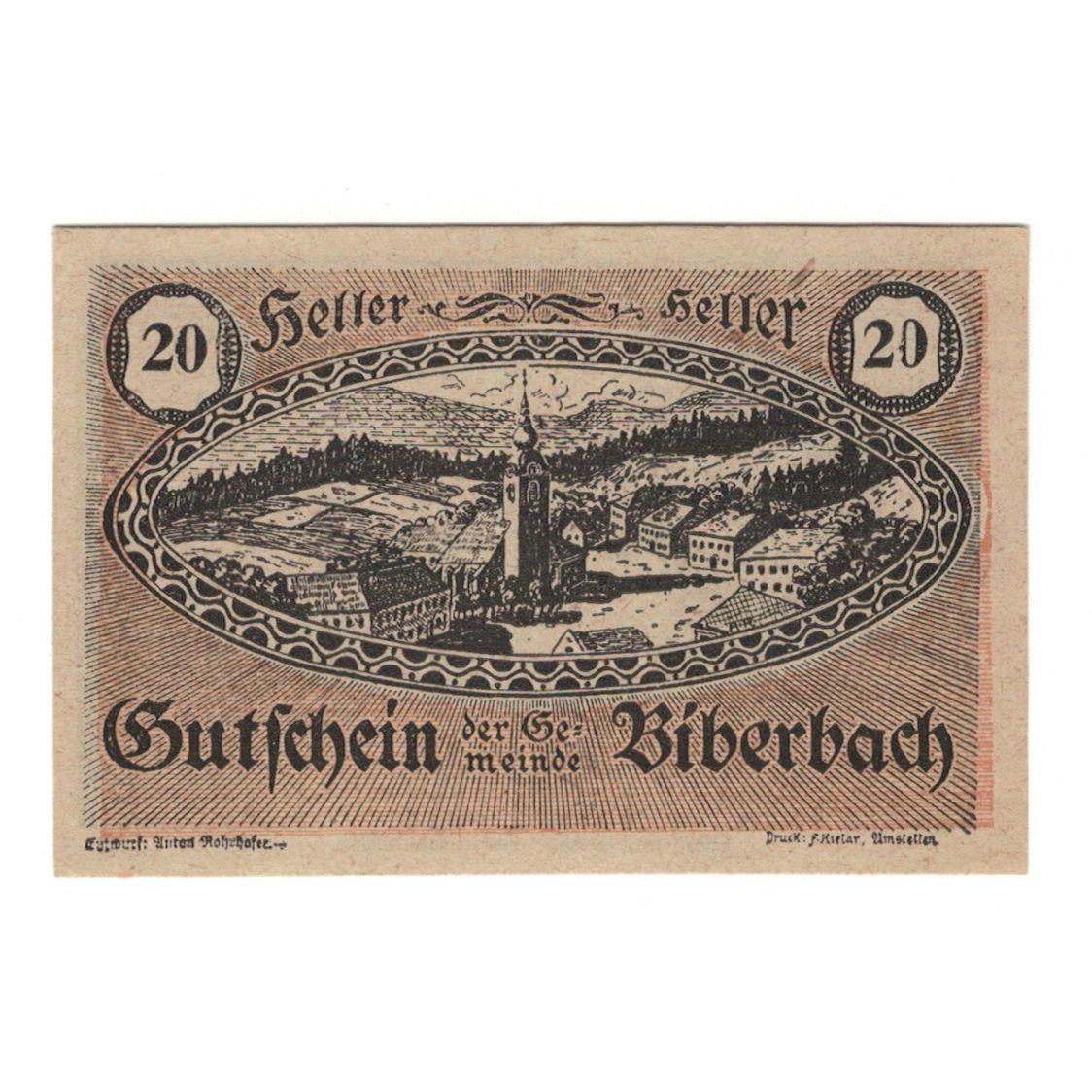 Billete, Austria, Biberbach N.Ö. Gemeinde, 20 Heller, paysage 1, 1920