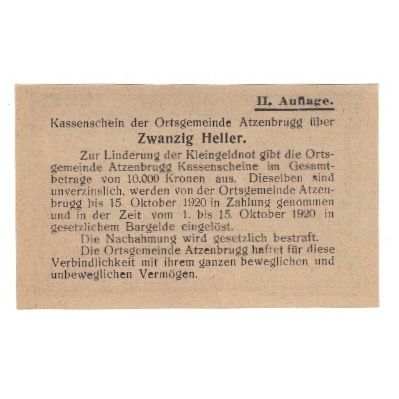Billete, Austria, Atzenbrugg N.Ö. Ortsgemeinde, 20 Heller, Texte, 1920
