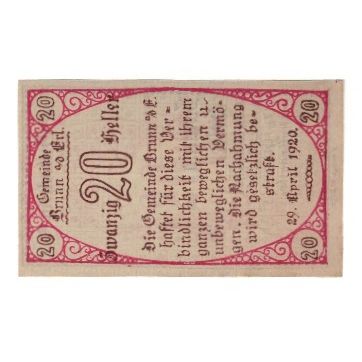 Billete, Austria, Brunn an der Erlauf Gemeinde, 20 Heller, Texte 2, 1920