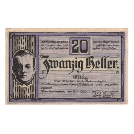 Banknote, Austria, Aurolzmünster O.Ö. Marktgemeinde, 20 Heller, Monument