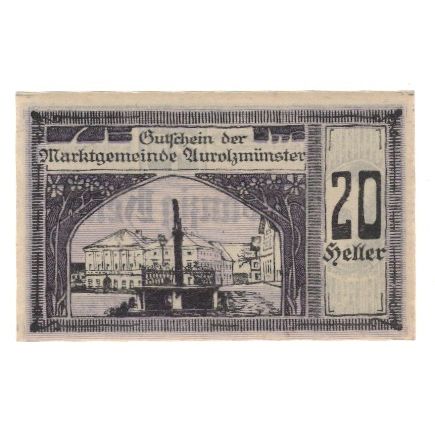 Banknote, Austria, Aurolzmünster O.Ö. Marktgemeinde, 20 Heller, Monument
