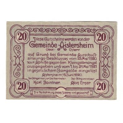 Billete, Austria, Aistersheim O.Ö. Gemeinde, 20 Heller, Eglise, 1921