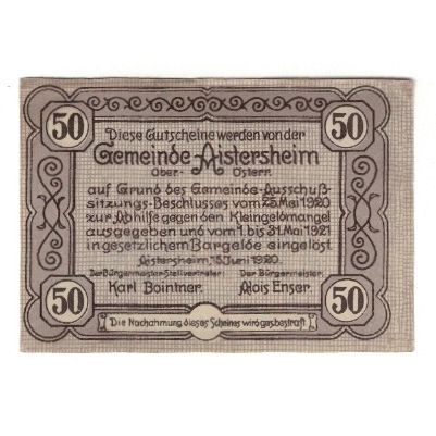 Billete, Austria, Aistersheim O.Ö. Gemeinde, 50 Heller, Batiment, 1921
