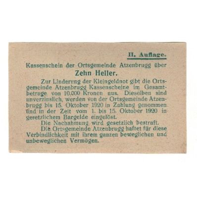 Billete, Austria, Atzenbrugg N.Ö. Ortsgemeinde, 10 Heller, Texte, 1920
