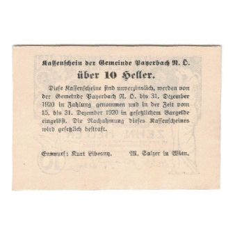 Billete, Austria, Payerbach N.Ö. Gemeinde, 10 Heller, Texte, 1920, 1920-12-31