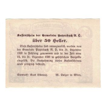 Billete, Austria, Payerbach N.Ö. Gemeinde, 50 Heller, Texte, 1920, 1920-12-31